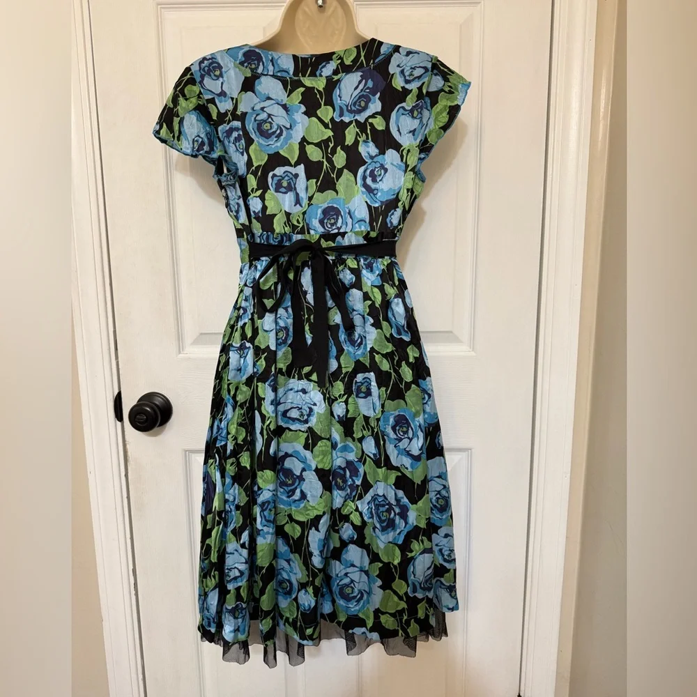 Free People 100% Silk Blue Rose Babydoll Dress Size 2 Empire Waist Boho
